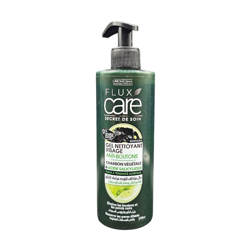 FLUX CARE GEL NETTOYANT VISAGE ANTI BOUTTONS CHARBON 390ML *VERT*